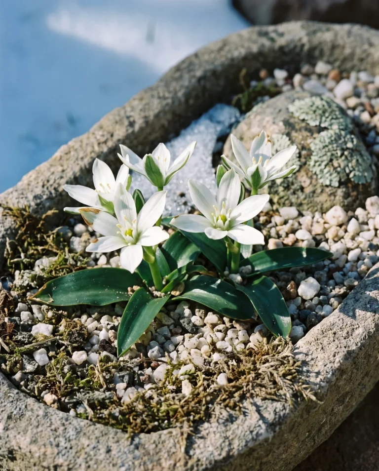 Portrait card of the miniature Ornithogalum balansae, a five inch clump of broad white stars low in a stone trough