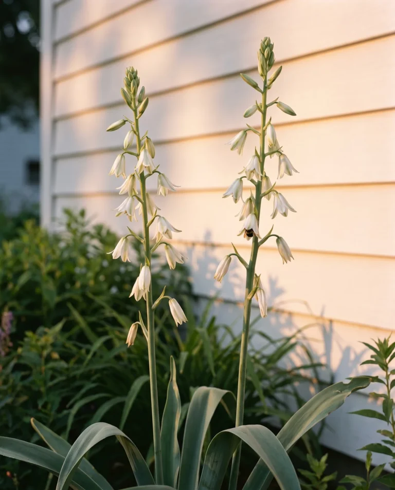 Portrait card of summer flowering Ornithogalum candicans, tall spikes of hanging white bell shaped flowers in a July bed