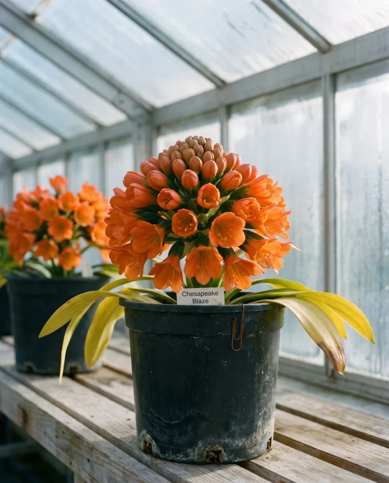 Portrait card of the orange hybrid Chesapeake Blaze, a squat ten inch head packed with thirty bright orange two inch flowers