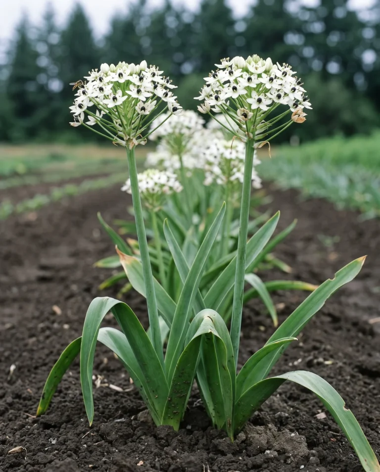 Portrait card of Ornithogalum saundersiae, tall white flowers each centred on a black ovary above two foot strap leaves