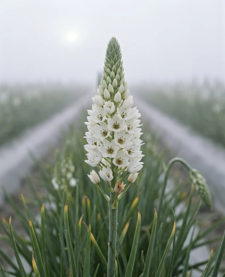 Portrait card of Ornithogalum thyrsoides, a dense two foot conical spike of white flowers in a coastal cut flower field