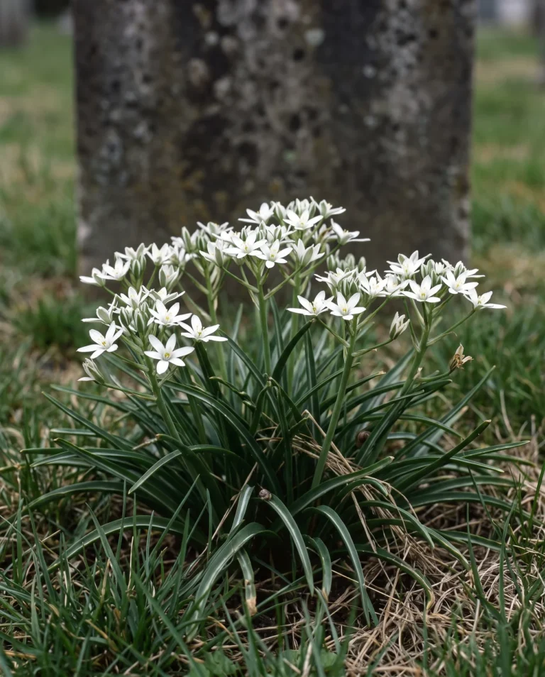 Portrait card of Ornithogalum umbellatum, a low clump of white green-striped stars over arching white-ribbed leaves in cemetery grass