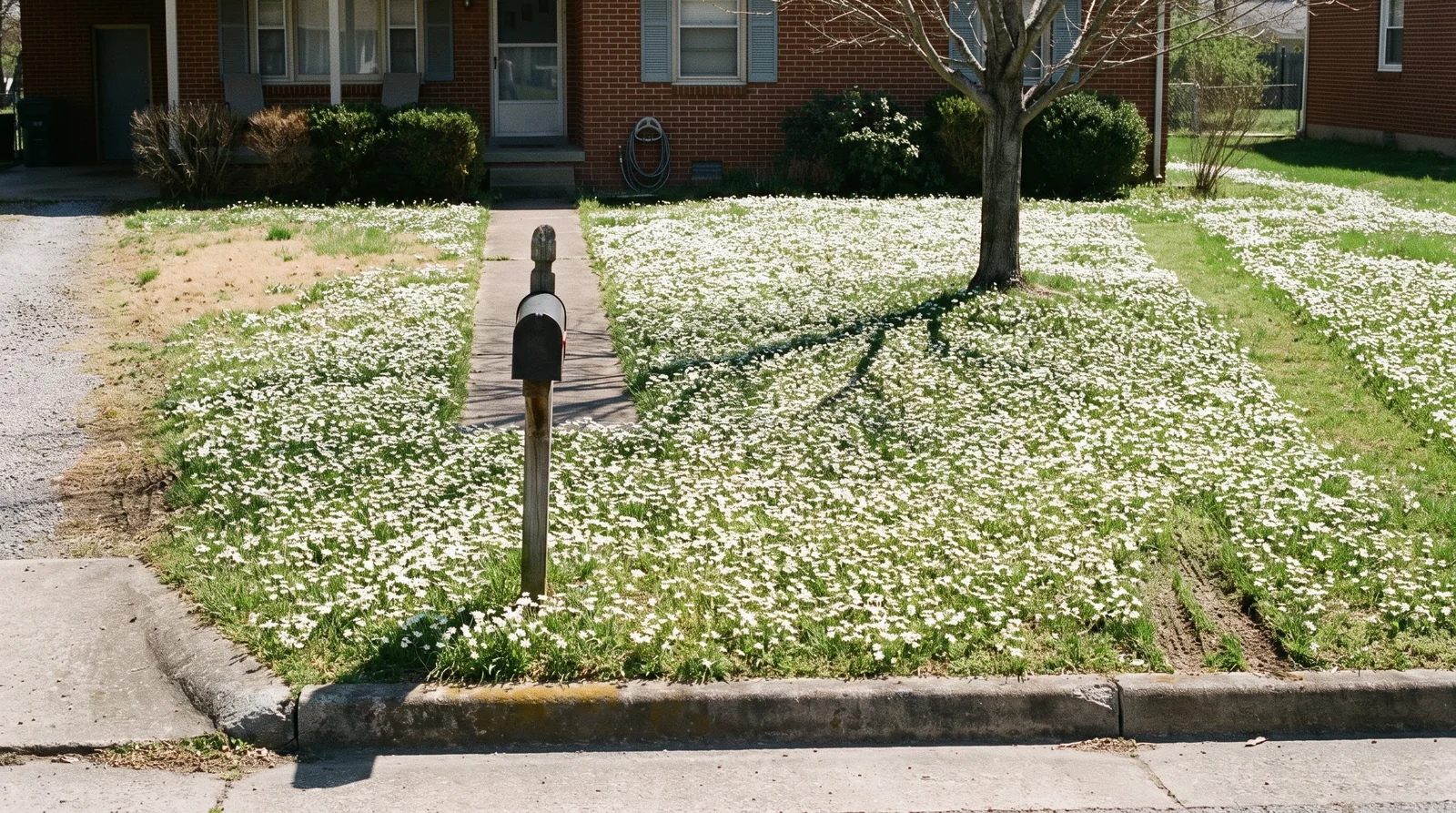 A wide midday view of an entire suburban front lawn turned white with naturalised star-of-Bethlehem from the street to the porch