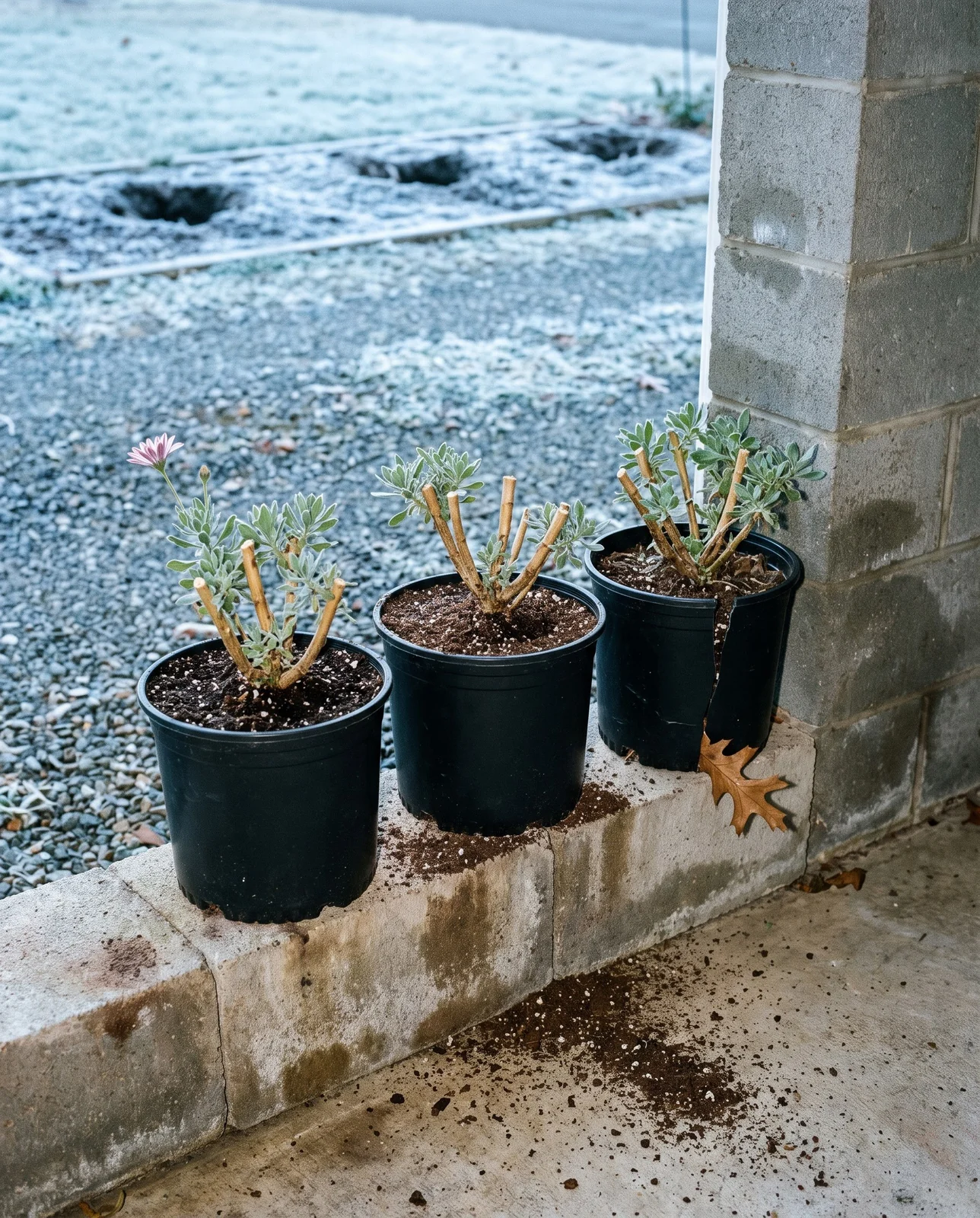 Three cut-back African daisies lifted into plain gallon cans and set against a block wall under a carport in November