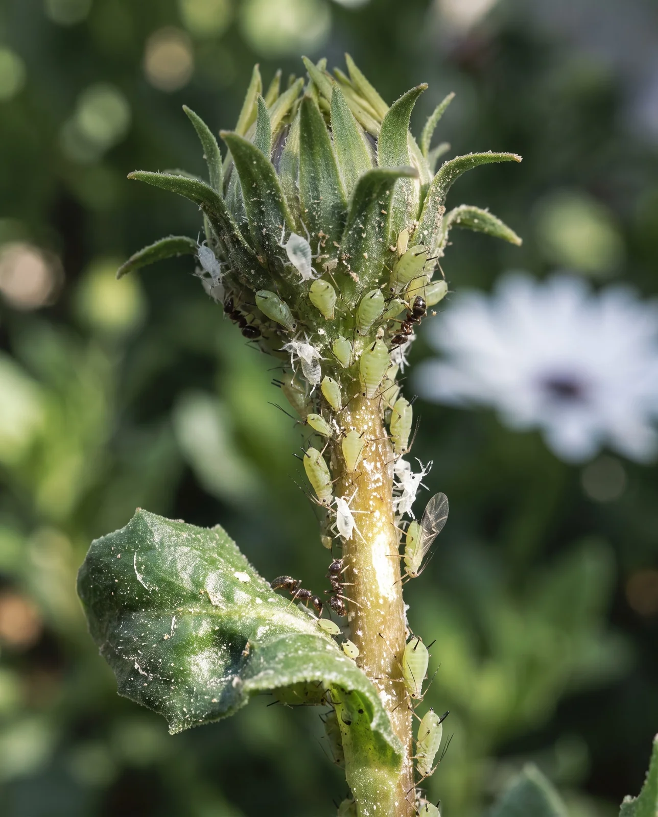 Close view of pale green aphids crowding the stalk below an unopened African daisy bud, with ants working among them