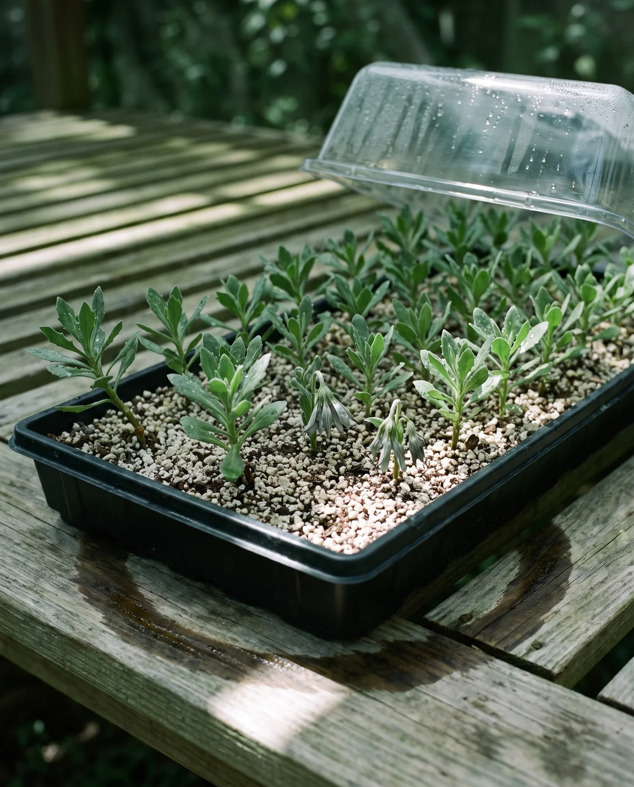 A tray of stripped African daisy tip cuttings stuck in gritty mix under a fogged dome on a shaded propagation bench