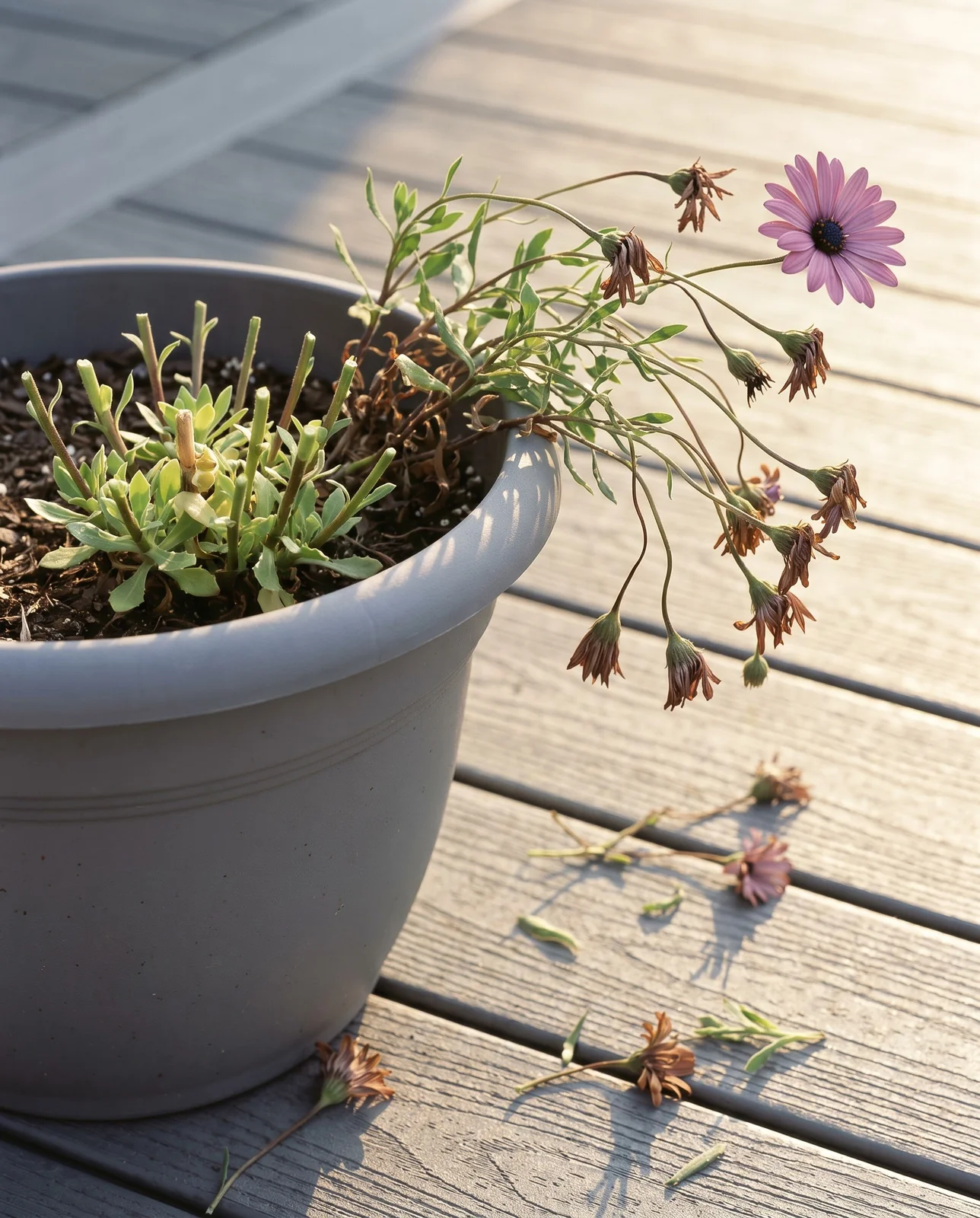 A deck planter with one half of the plant cut back to short stubs and the other half still leggy with spent heads
