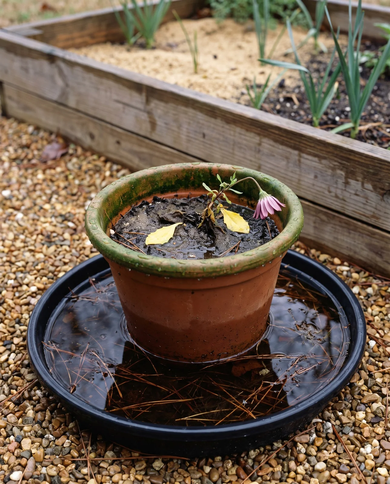A potted African daisy standing in a saucer brimming with rainwater beside a fast-draining gritty raised bed
