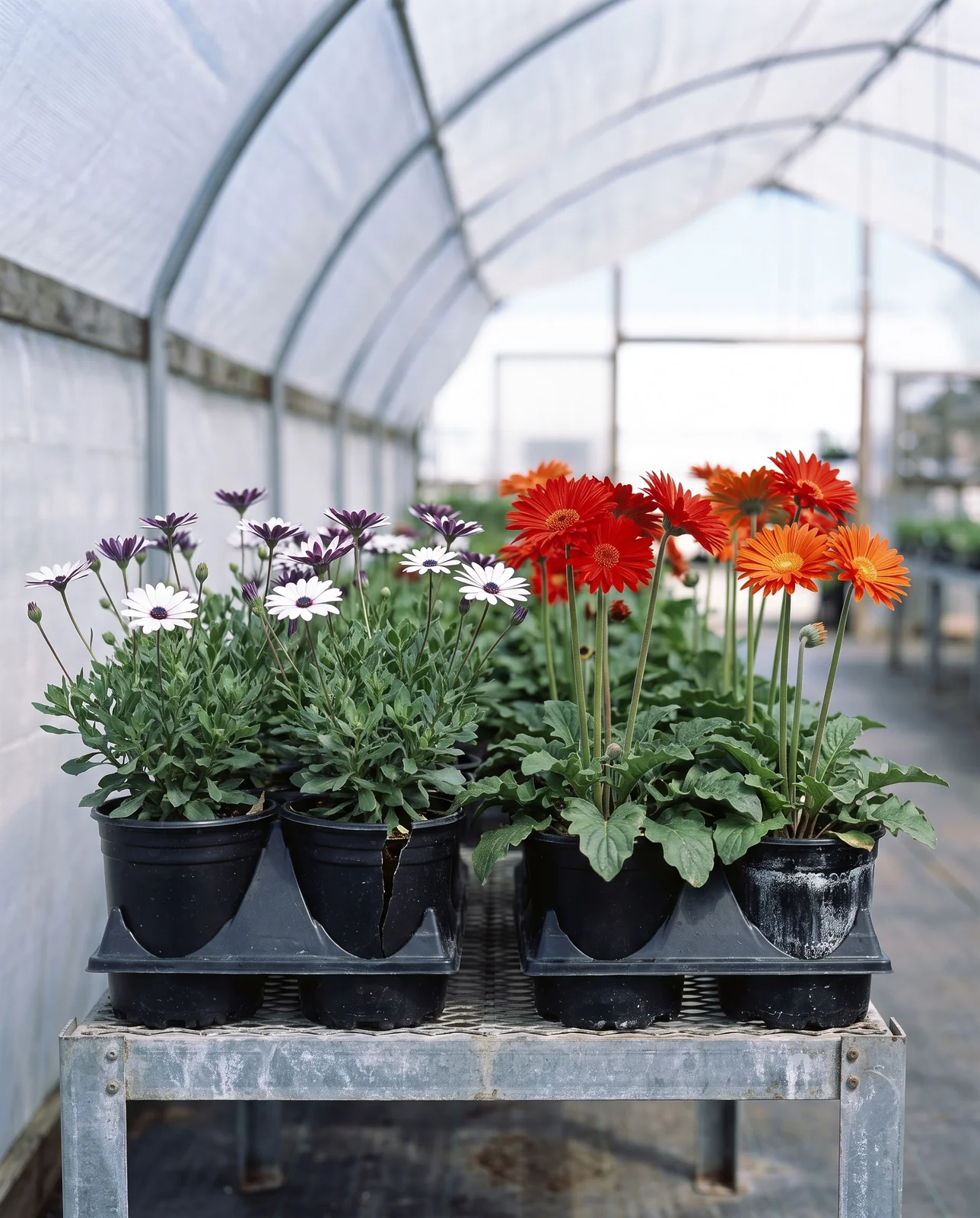 Two nursery trays side by side: mounded African daisies with dark eyes next to shorter gerberas with much larger heads