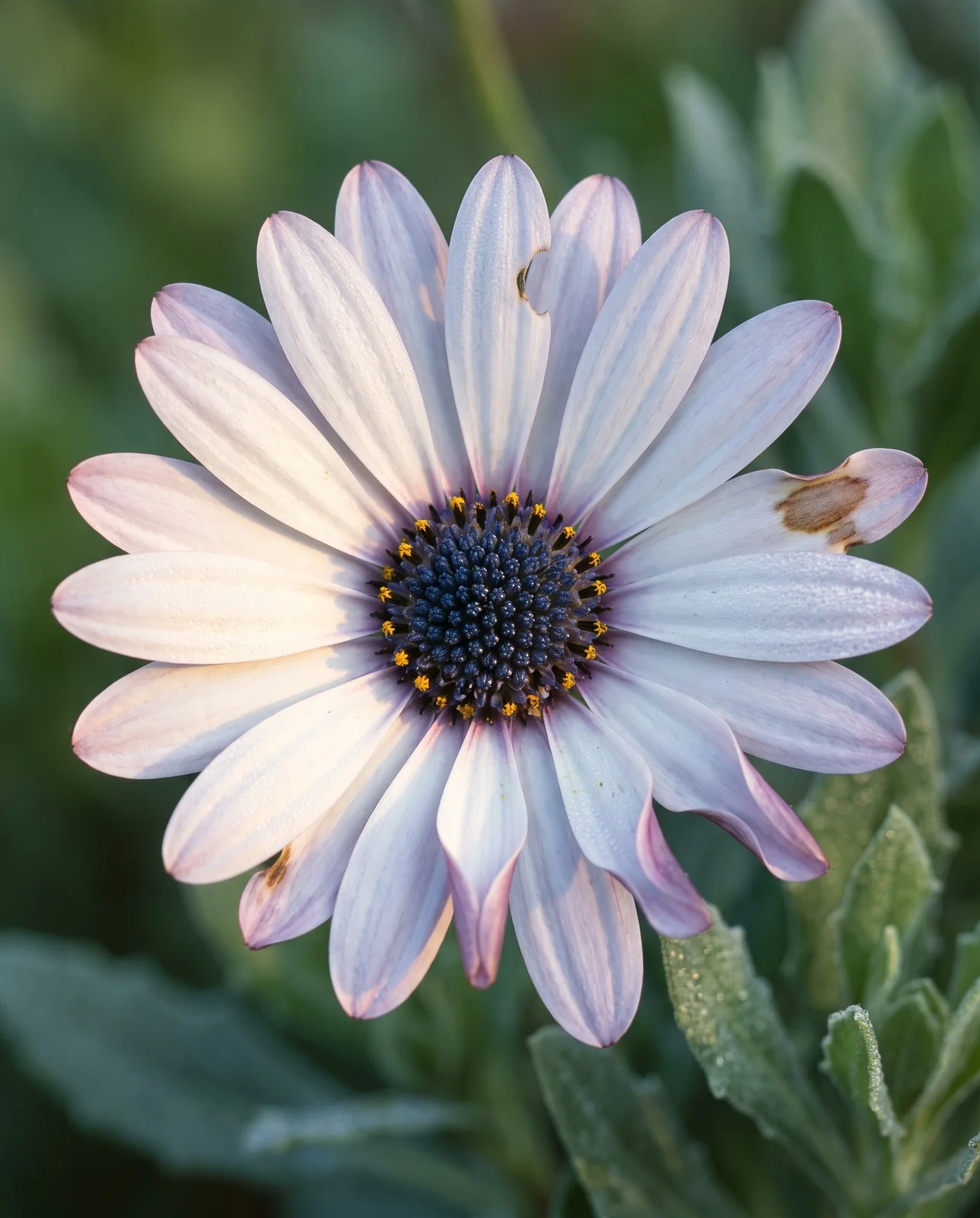 Close view of one African daisy head showing the dark metallic blue-black central disc before the yellow pollen sheds