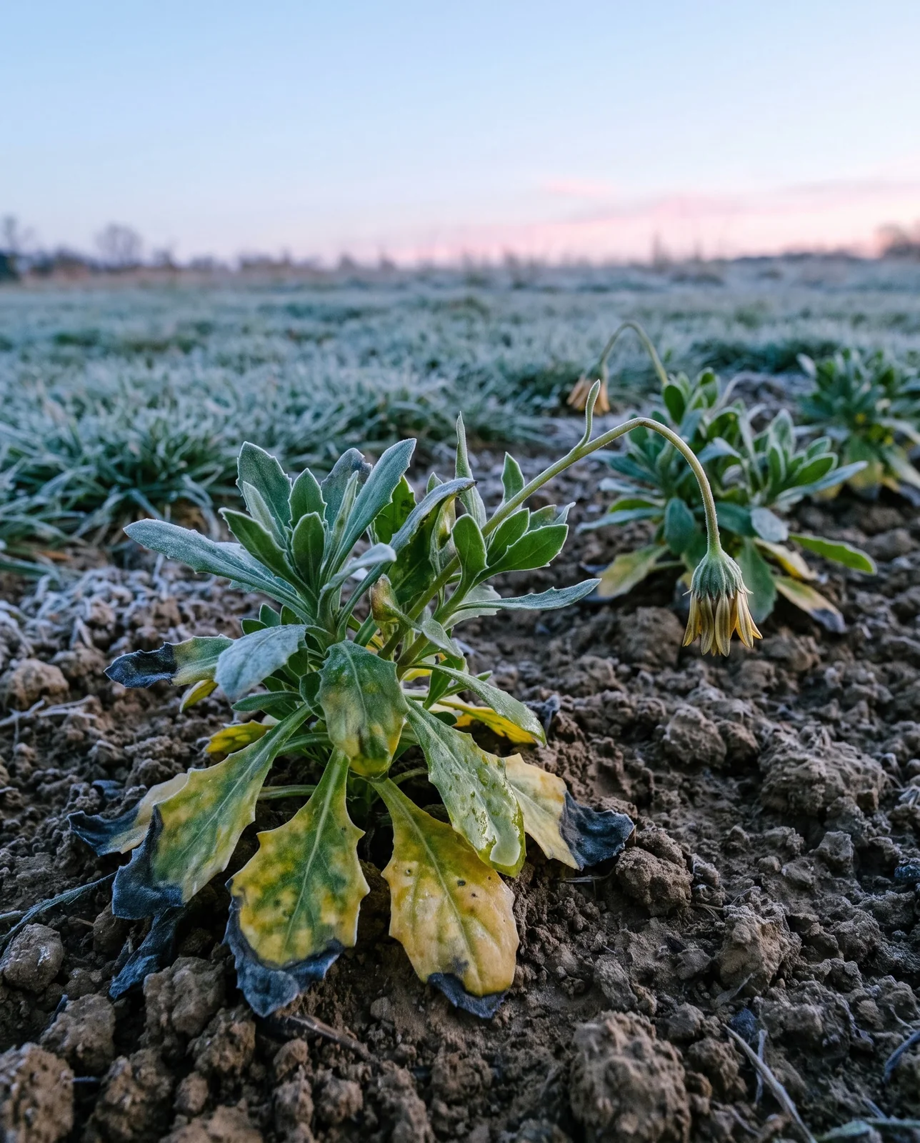 Young African daisies set out too early, lower leaves yellow with soft water-soaked patches going black after a cold night