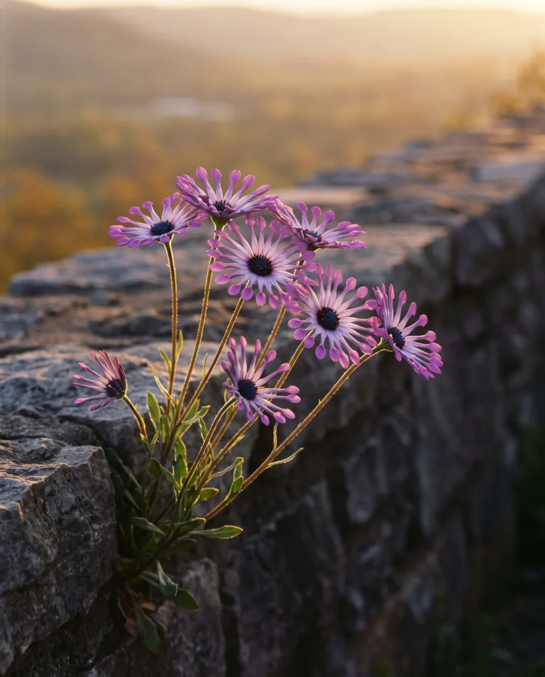 Backlit Astra Purple Spoon flowers whose rays narrow to a thread and open into a rounded spoon at the tip