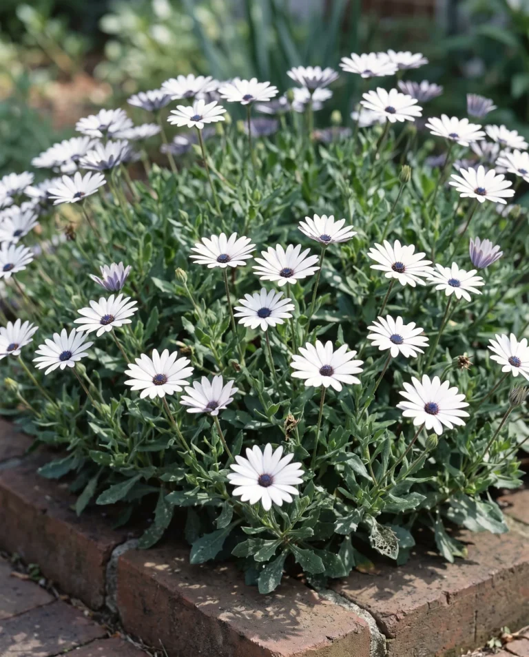 A tall mounding Osteospermum ecklonis with white dark-eyed daisies over grey-green foliage in soft late April light