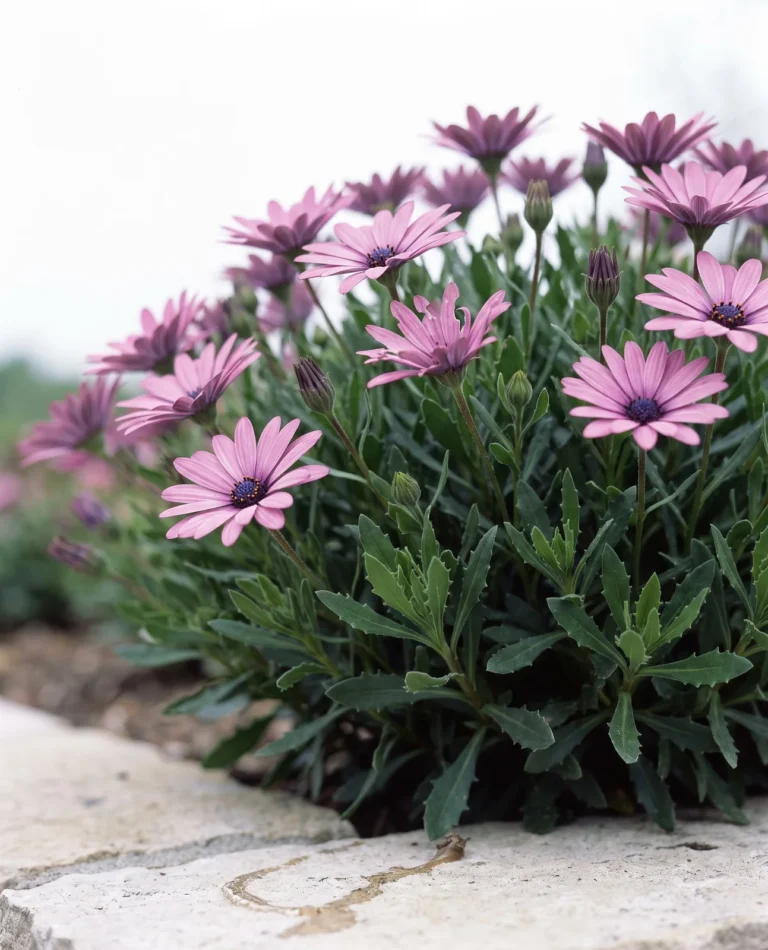 Compact Osteospermum jucundum with mauve-pink dark-eyed daisies over narrow slightly toothed leaves under bright cloud