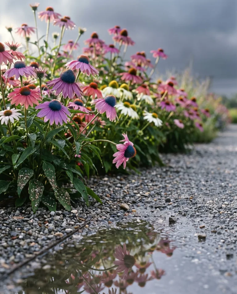 A Passion Mix drift of pink, purple, rose and white dark-eyed daisies at uneven heights beside a wet gravel path