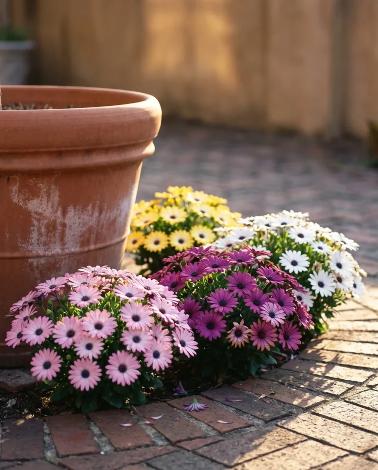 A Serenity series planter carrying pink, purple, yellow and white dark-eyed daisies on compact mounds in late light