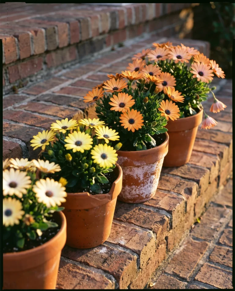 Symphony series African daisies in cream, lemon, melon, orange and peach in terracotta pots on brick steps at golden hour
