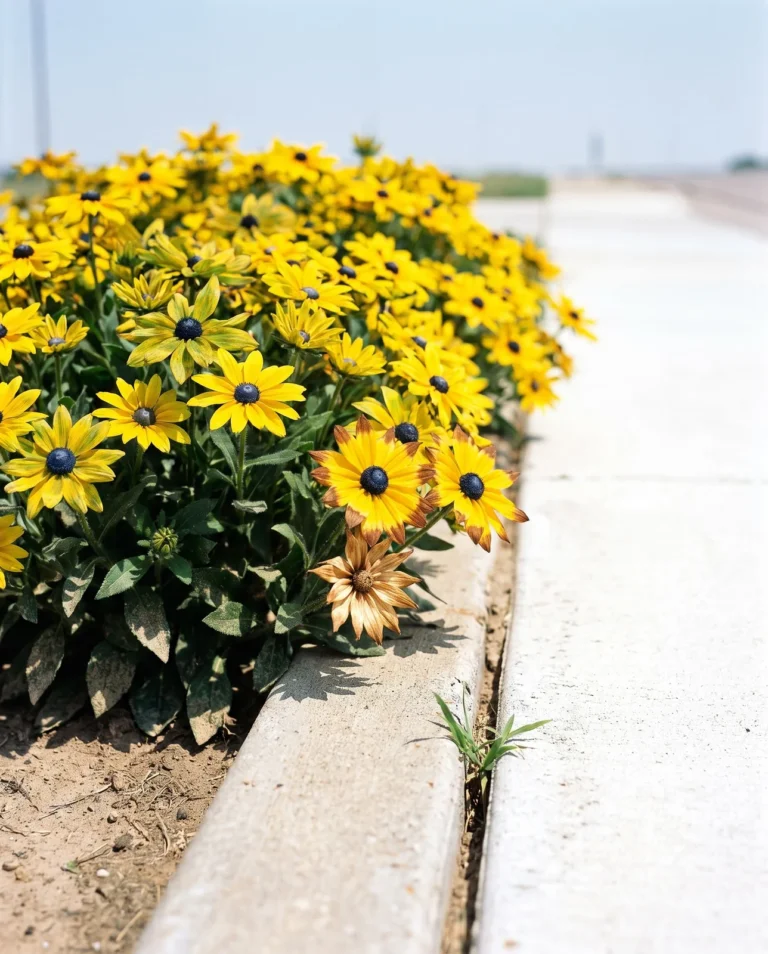 A short mounding Voltage series African daisy in solid yellow flower along a hot concrete front walk at noon