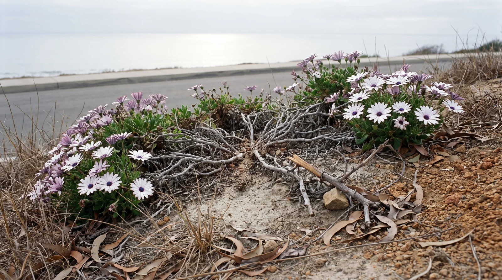 Old trailing African daisies grown together into a loose sheet on a dry frost-free coastal slope in early March