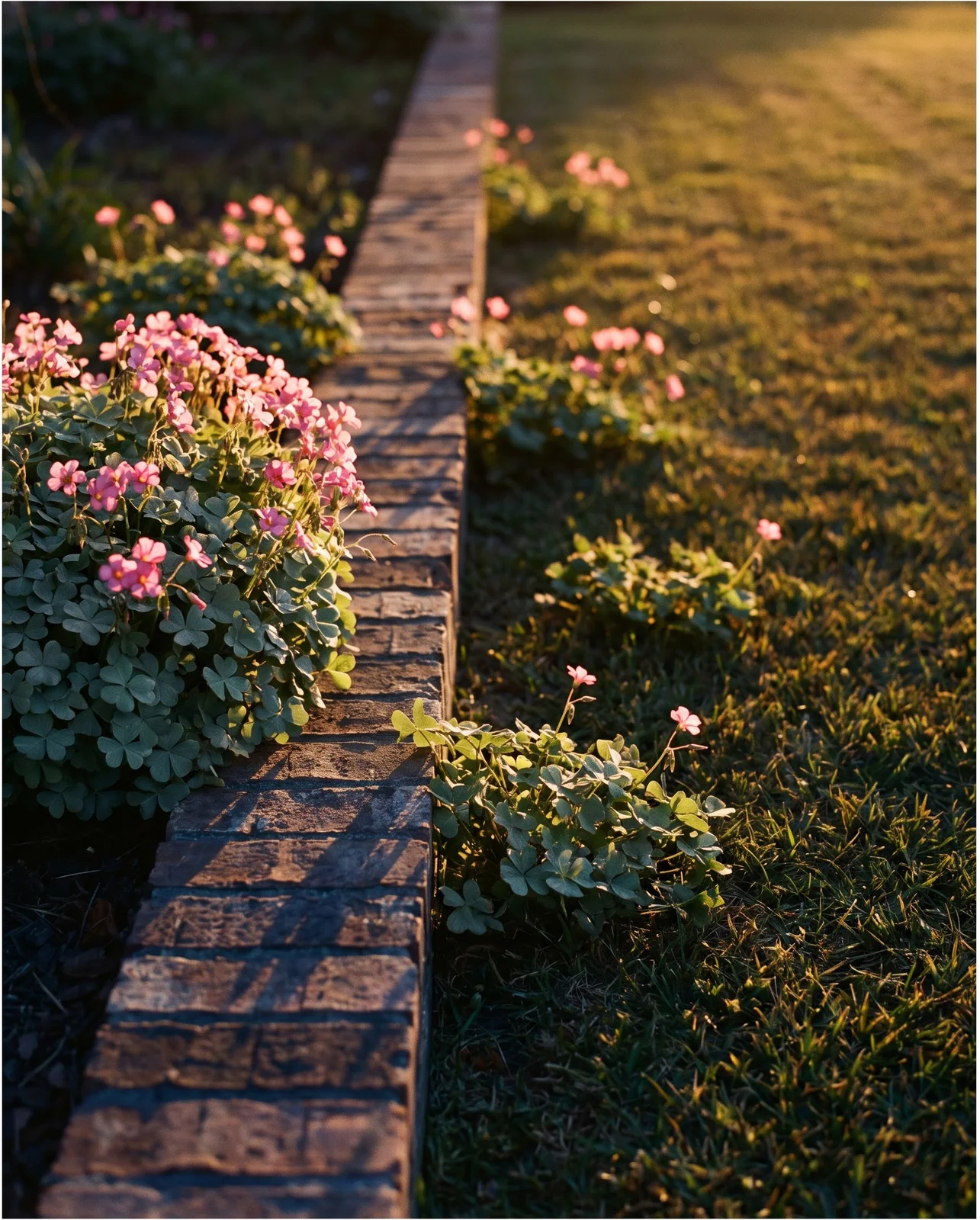 Pink wood sorrel crossing a brick bed edge and flowering out in the mown lawn at golden hour