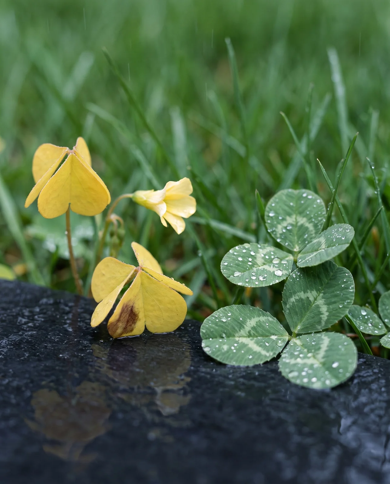 Notched heart-shaped oxalis leaflets growing beside the rounded leaflets of white clover in one wet seam at a slate step