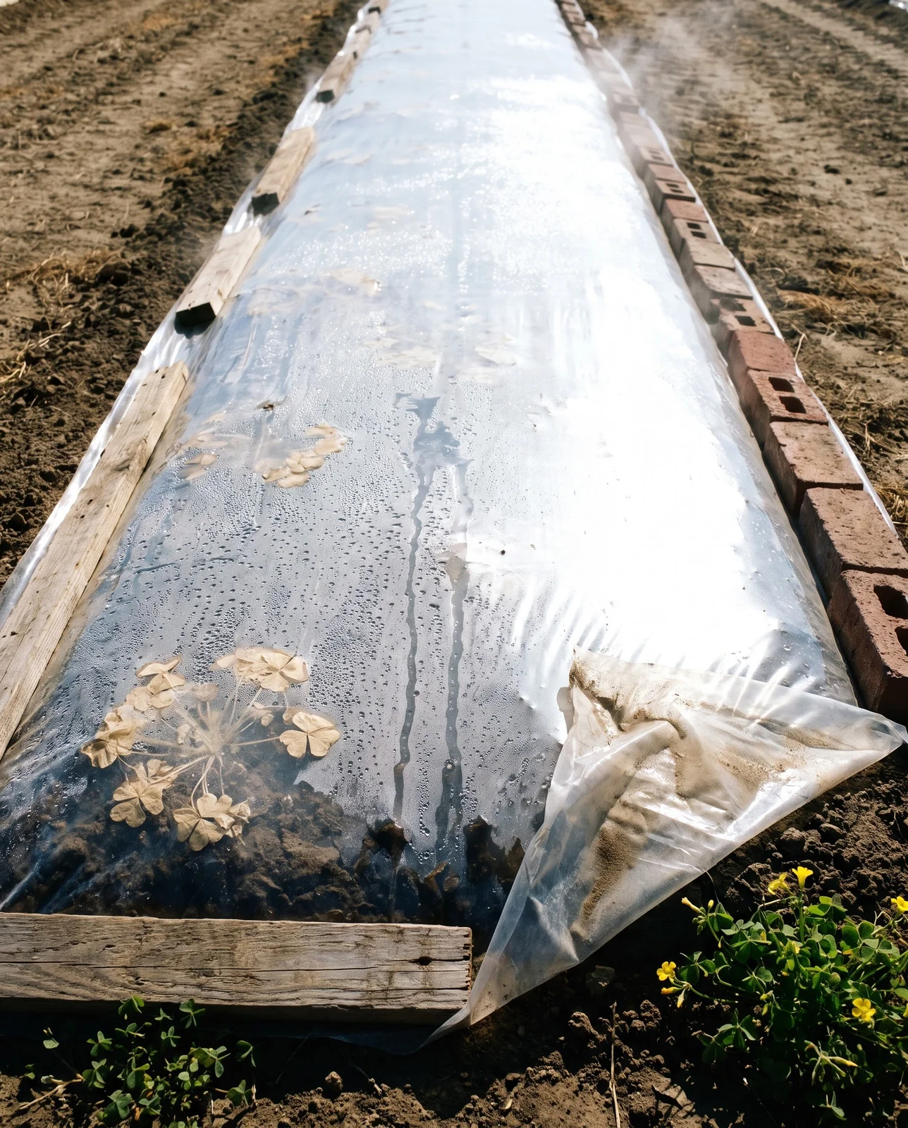 A cleared bed under a pinned sheet of clear plastic in July, dead bleached oxalis visible through the condensation with live green weed at the untreated edge