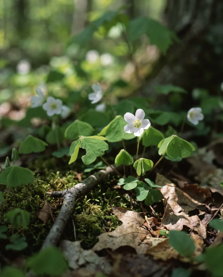 Oxalis acetosella, common wood sorrel, spreading through leaf mould under a sugar maple with small lilac-veined white flowers