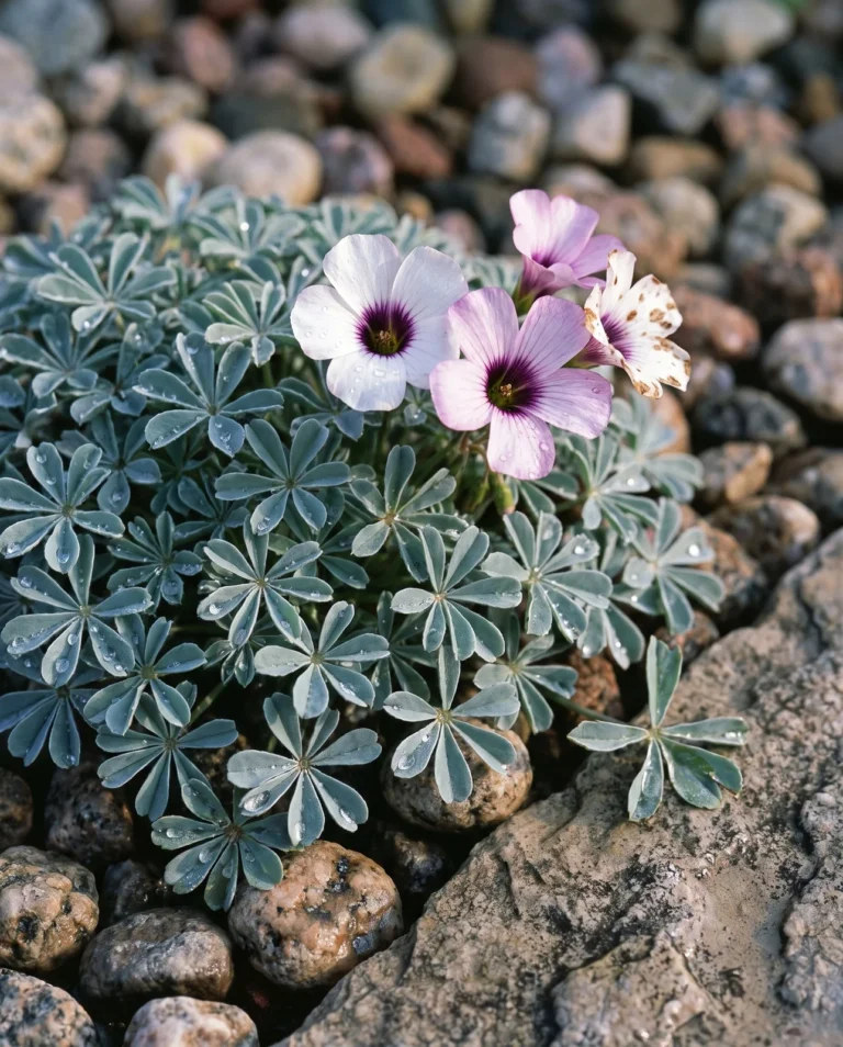 Oxalis adenophylla making a low silver mound of many narrow leaflets with lilac-pink dark-eyed flowers in a grit rock garden after rain