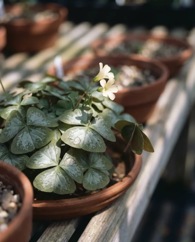 A Fanny type oxalis with olive leaflets carrying a soft silver pattern, in a clay pan on a lath-house nursery bench
