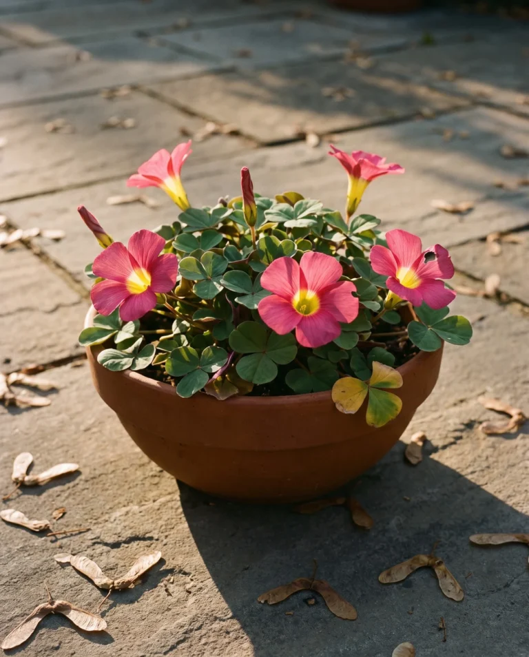 Oxalis purpurea, Cape oxalis, only a few inches tall in a wide patio pot, with deep rose funnels opening to a yellow throat