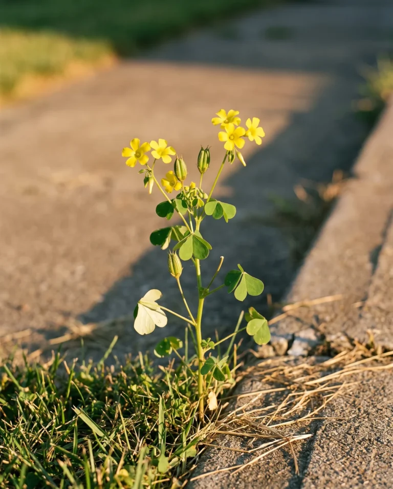Oxalis stricta, yellow wood sorrel, standing upright in mown turf at a driveway edge with yellow flowers and ribbed capsules