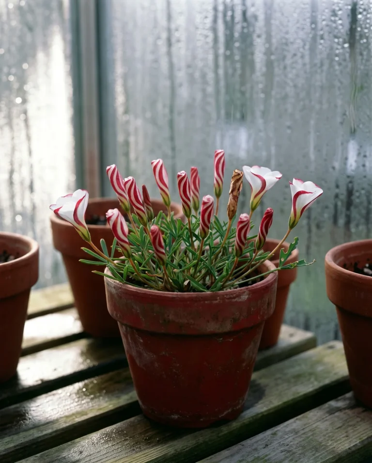 Oxalis versicolor candy cane sorrel with furled buds showing crimson-edged white petals like striped sticks, on a cold-house bench