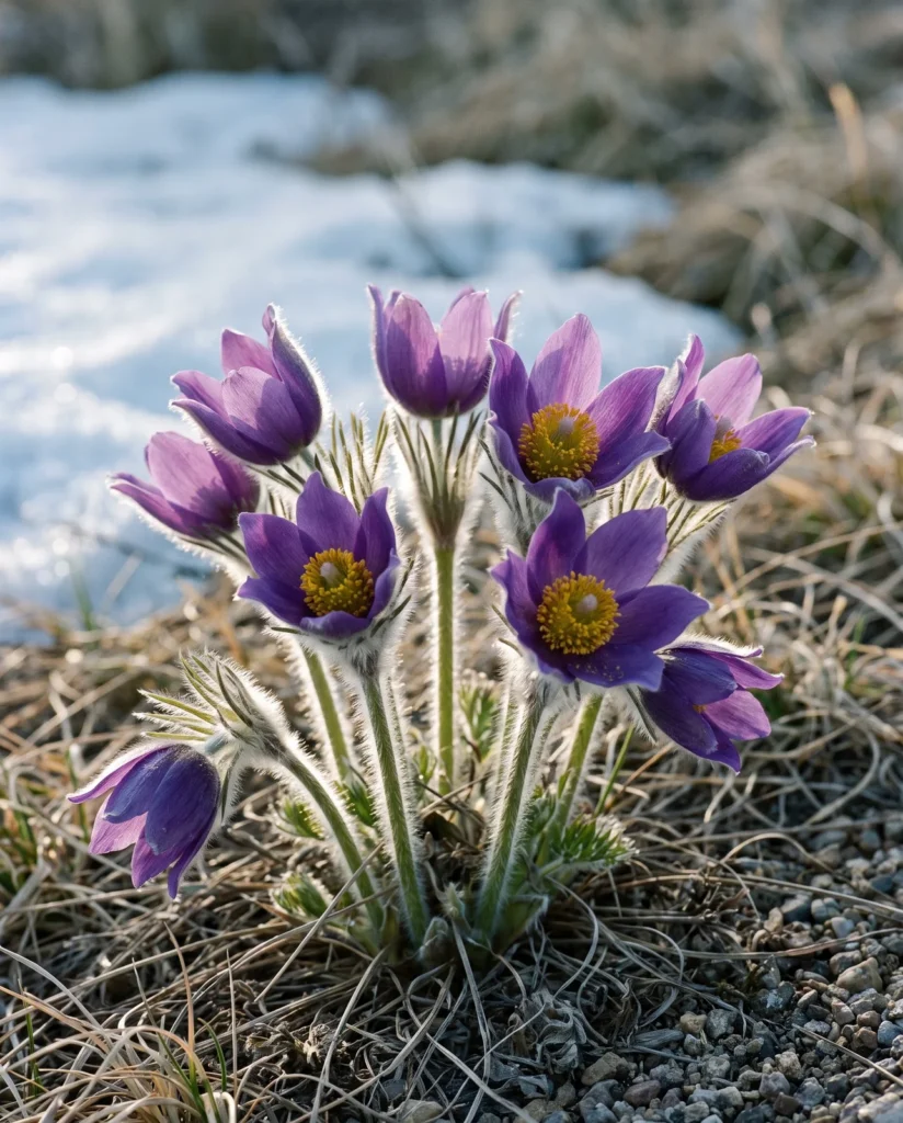 A prairie pasque flower clump in full violet bloom on a gravelly Black Hills slope at sunrise, with bleached dead grass and a patch of old snow behind it