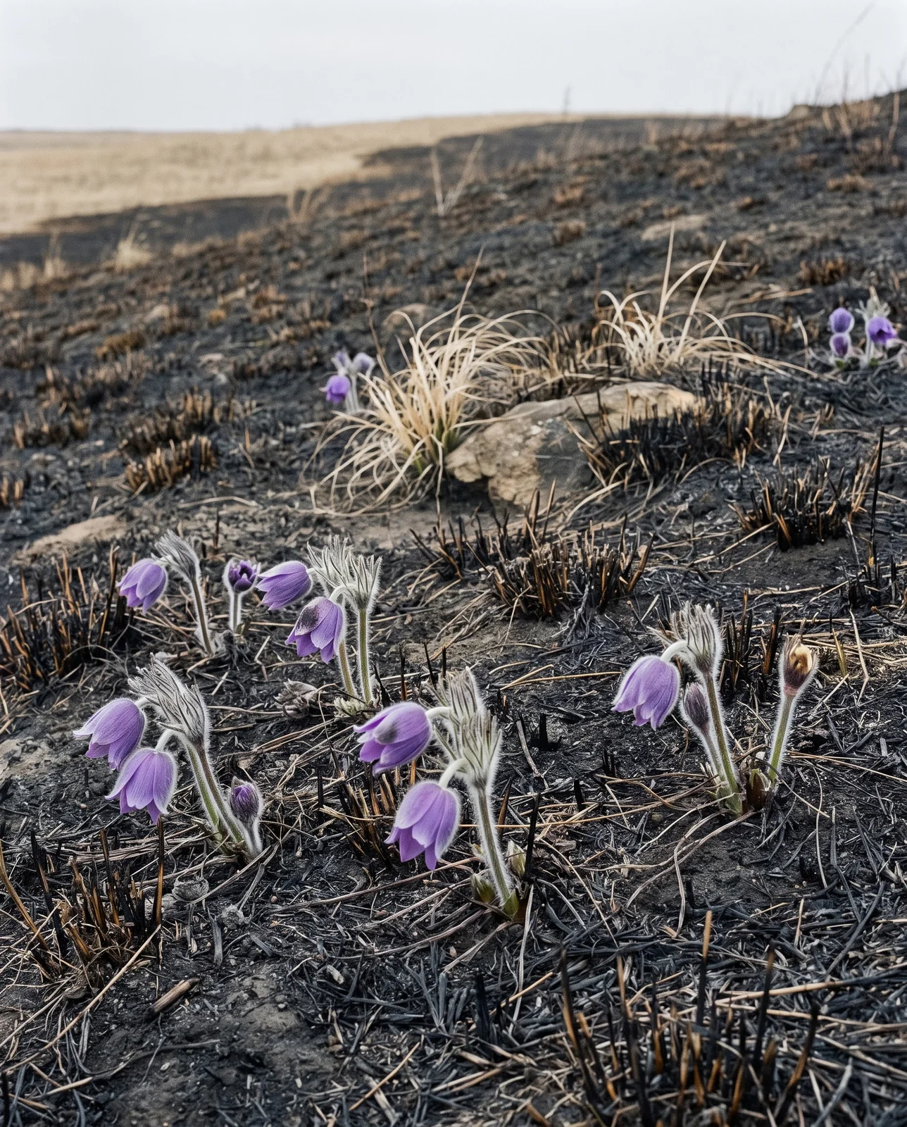 Violet pasque flowers in bloom pushing through the blackened stubble of a recently burned hill prairie in April