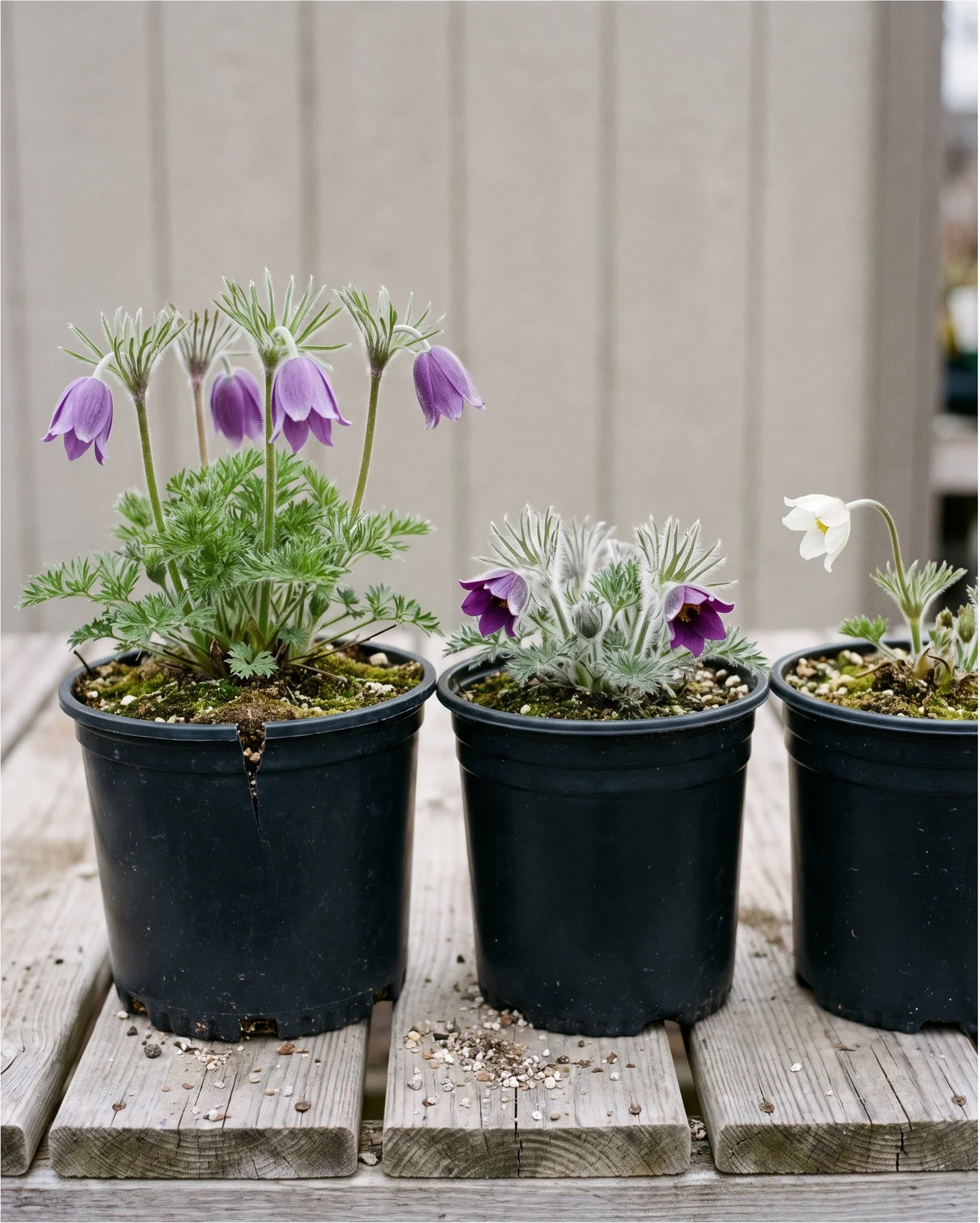 Three unlabeled black nursery pots holding three different pasque flower species side by side on a garden centre bench under flat overcast