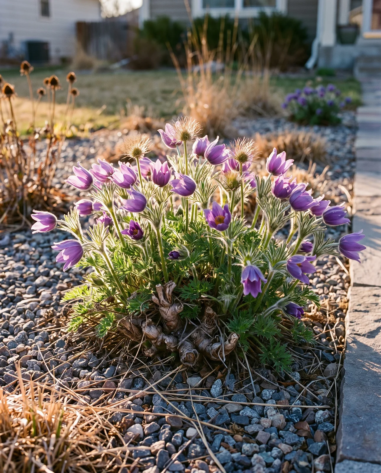 A large old pasque flower clump of several crowns carrying dozens of violet flowers in an established prairie-style front garden at evening