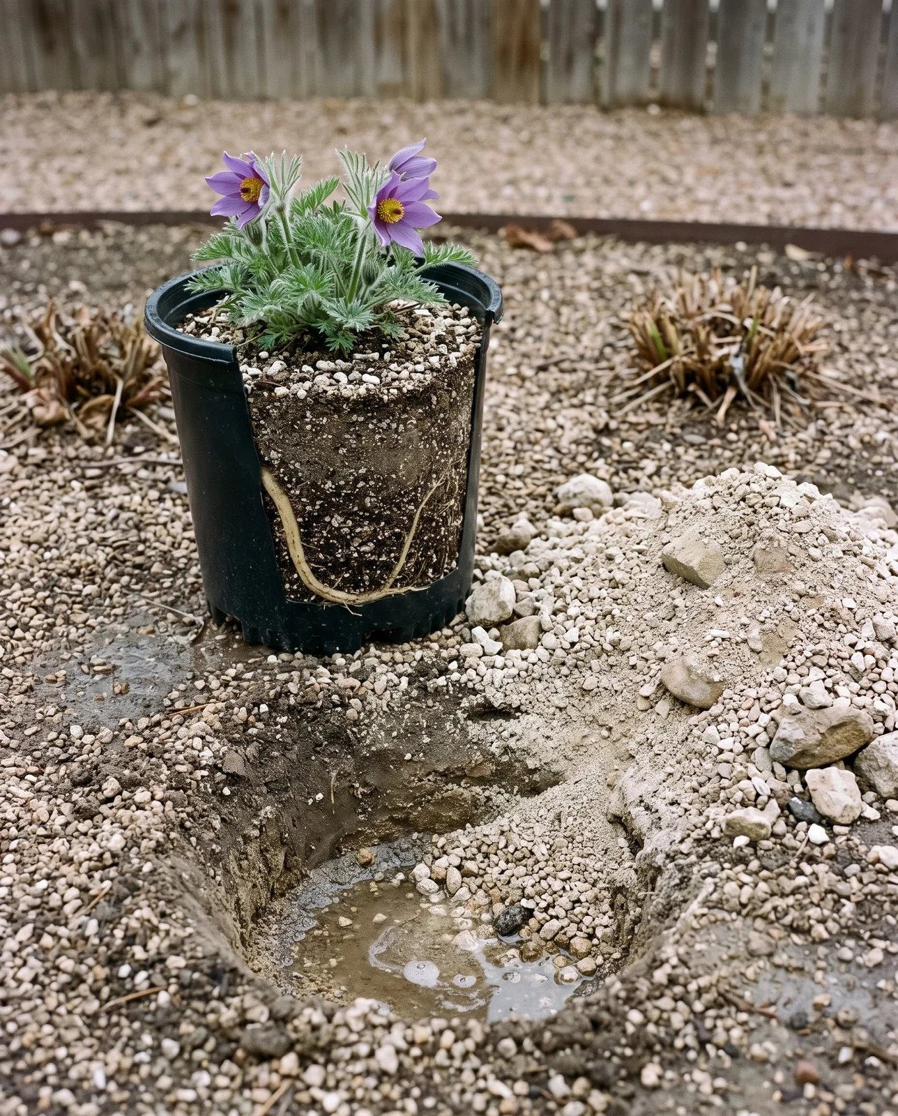 A nursery pot of pasque flower standing beside an open planting hole in gritty garden ground with the excavated grit heaped alongside