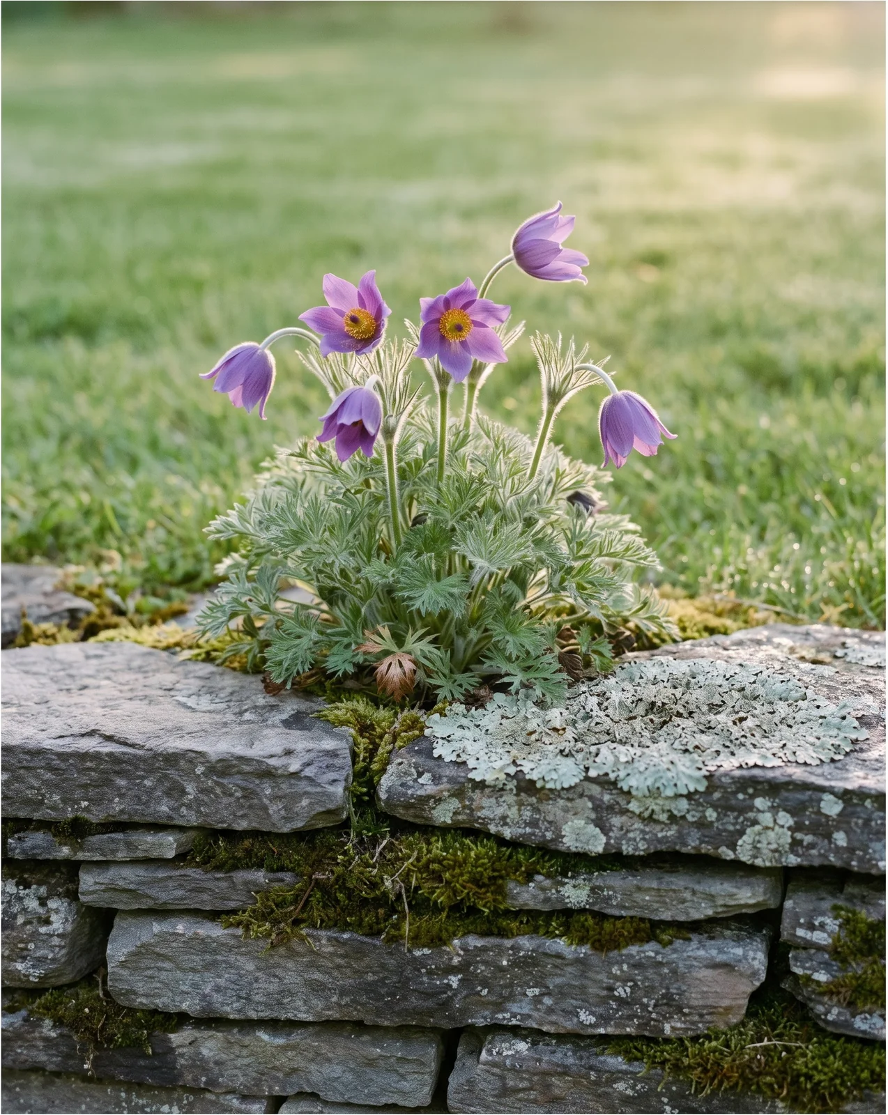 A European pasque flower in bloom beside a low dry-stone edging course, its flower stems only a few inches above the leaf mound