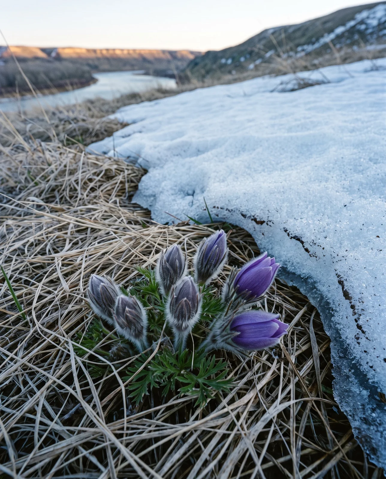 Furred pasque flower buds and cold-closed violet flowers pushing through matted dead grass beside a shrinking crust of granular snow