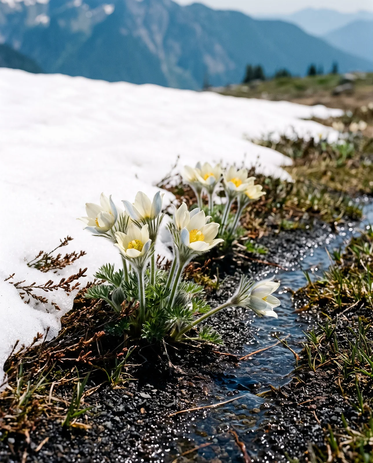 Western pasque flowers with cream white cups opening at the melting edge of a snowfield in a subalpine Cascade meadow in July
