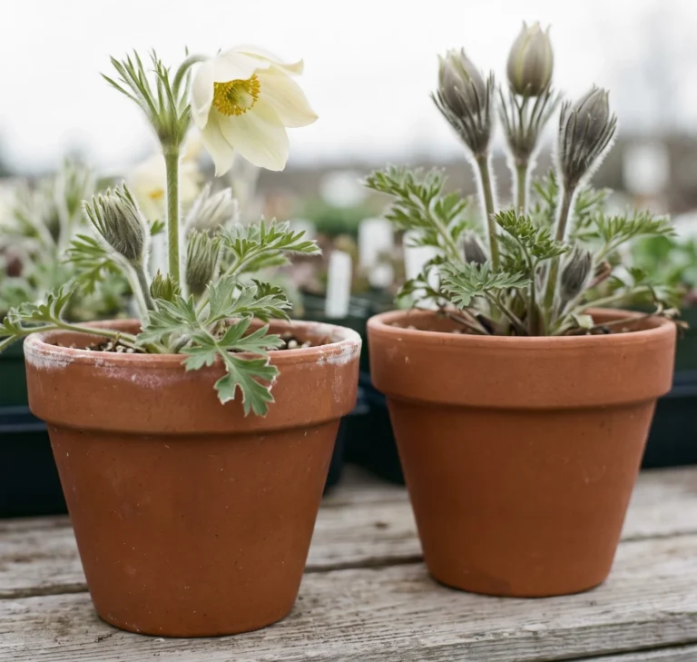 The white cultivar Alba of pasque flower opening its first cream white bell beside furred grey buds on a shaded nursery bench