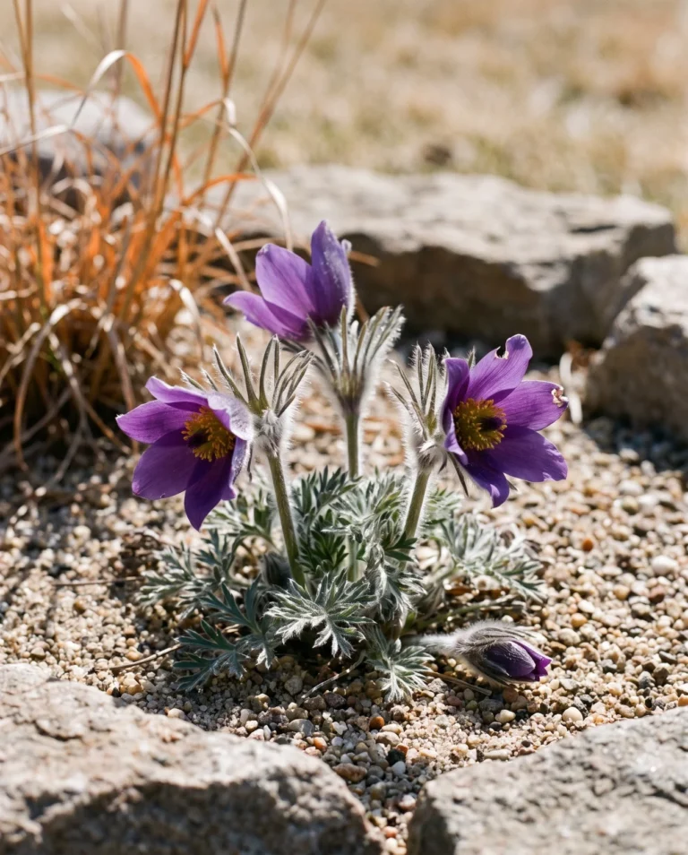 The North American prairie pasque flower in deep violet bloom in a sand and gravel native plant bed under cold clear April sun