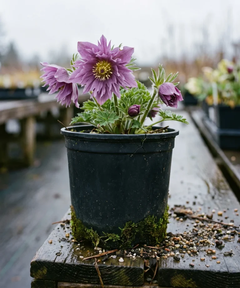 The fringed semi-double cultivar Prima Papagena of pasque flower showing its ragged extra whorl of sepals in a black nursery can
