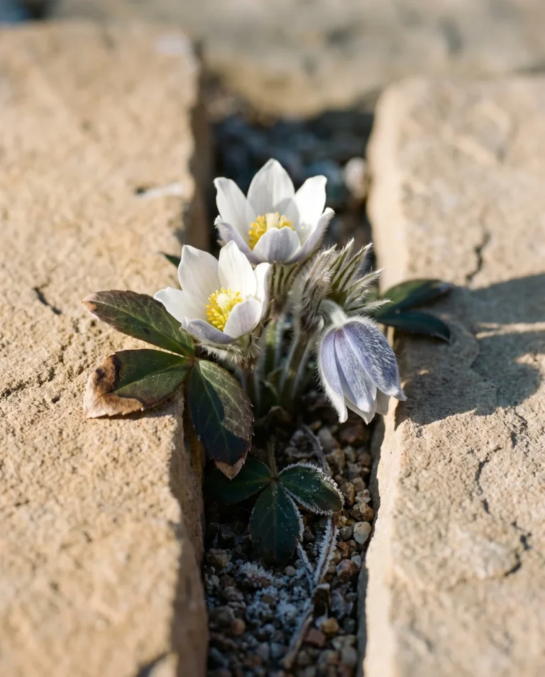 The spring pasque flower Pulsatilla vernalis with white cups and a smoky violet furred reverse, wedged in a gritty crevice garden
