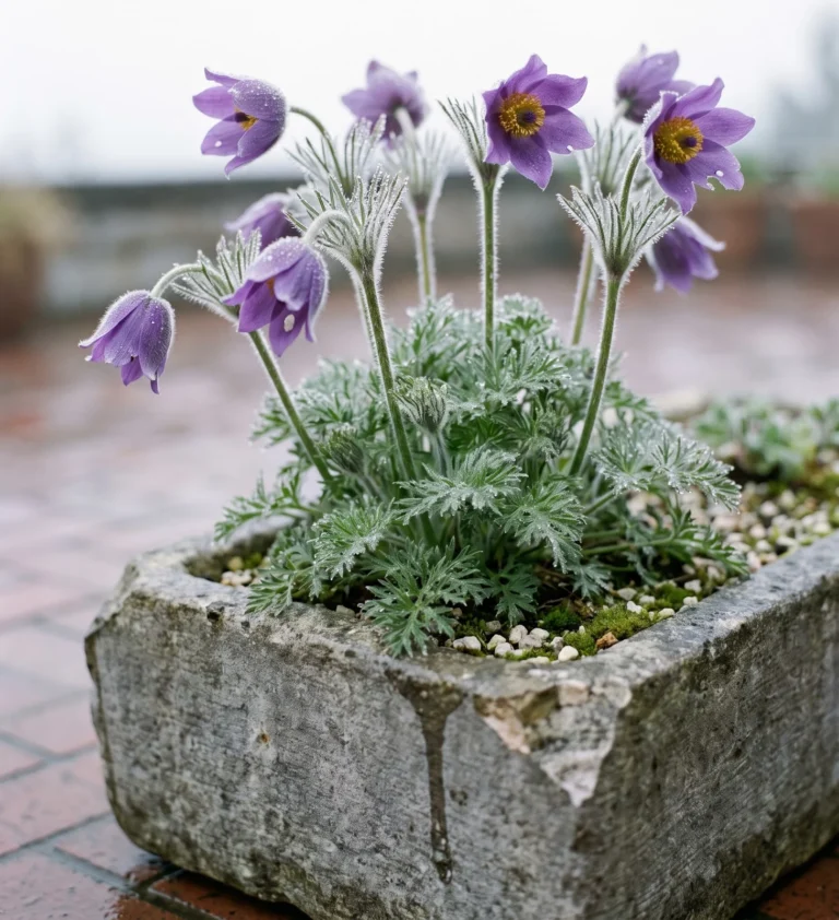 The plain European pasque flower species in violet purple bloom in a weathered stone trough on a Seattle terrace in misty April light