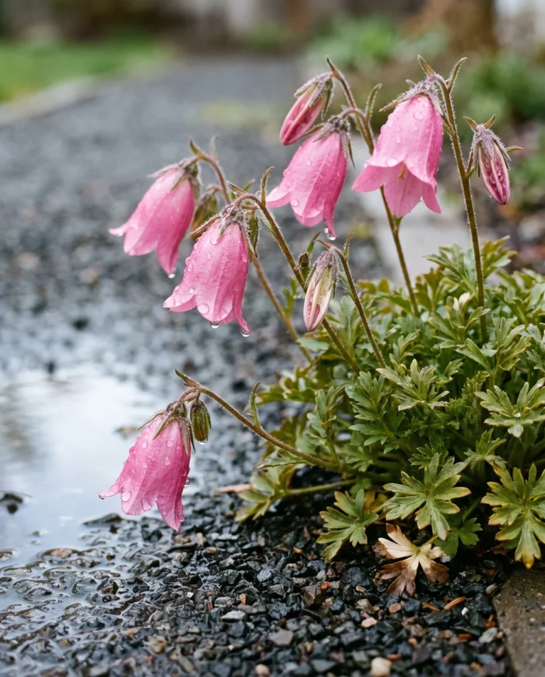 The rose pink cultivar Rosen Glocke of pasque flower flowering at a wet gravel path edge just after morning rain