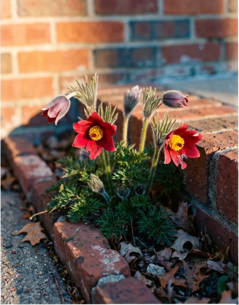 The red cultivar Rote Glocke of pasque flower in deep red bloom in a narrow brick doorstep bed in early April side light