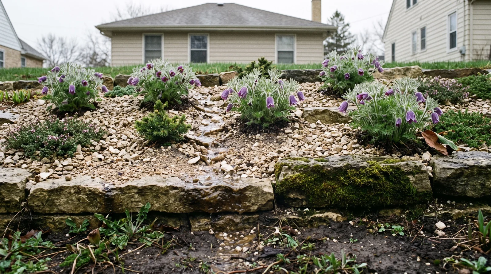 A raised gritty rock garden bed on a slope in a Wisconsin garden with European pasque flowers in violet bloom among limestone chips
