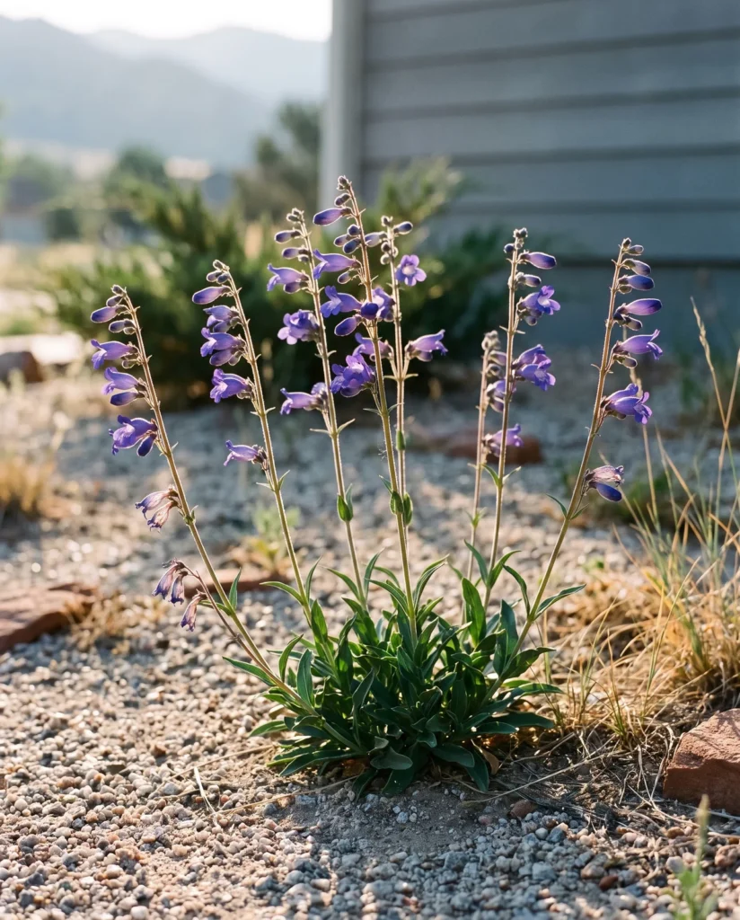 Deep violet-blue Penstemon strictus in flower on pale granite grit in a dry Colorado front garden at sunrise