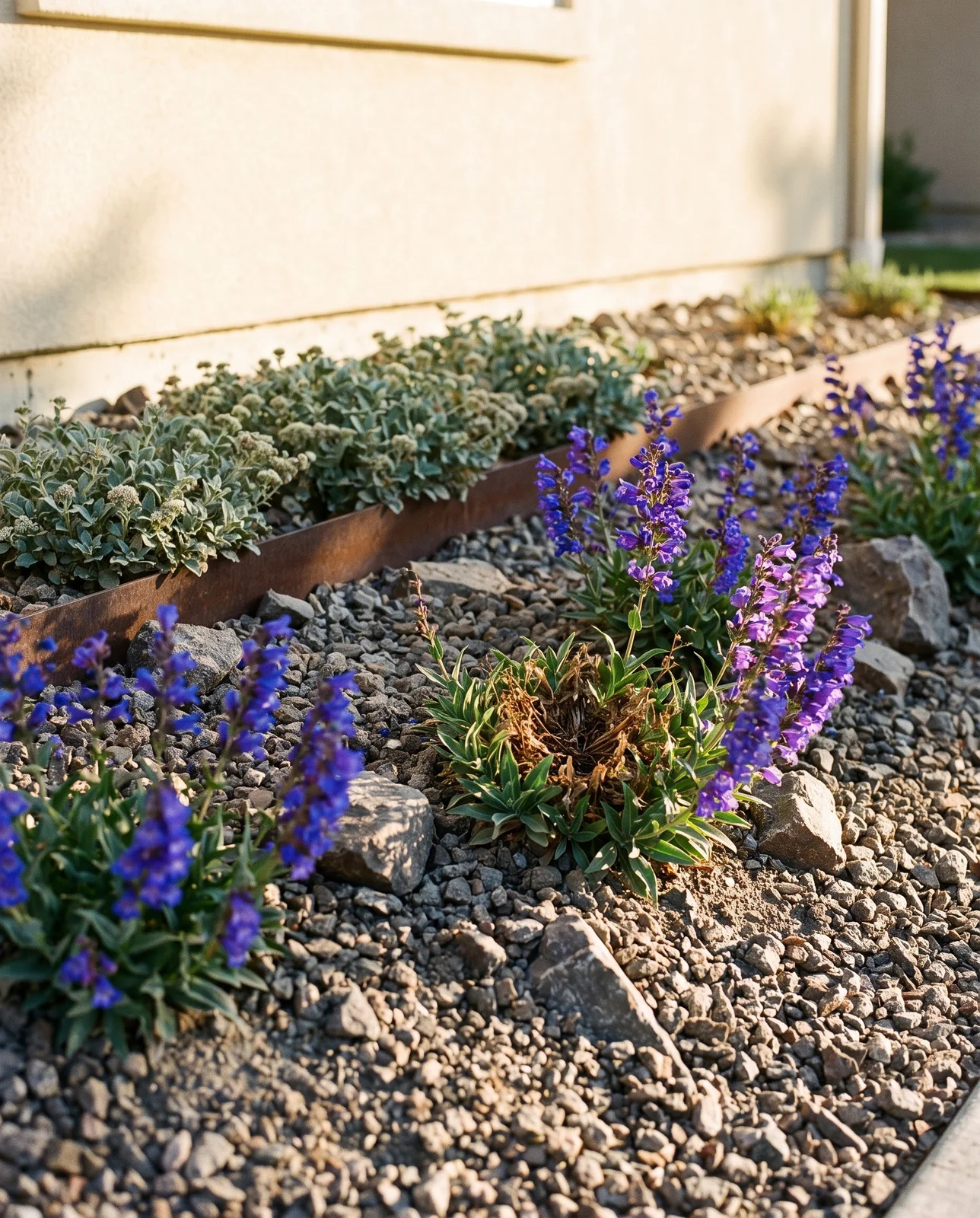 Royal blue Penstemon speciosus on a raised bed of coarse grit and rock, with one dead collapsed crown beside living rosettes